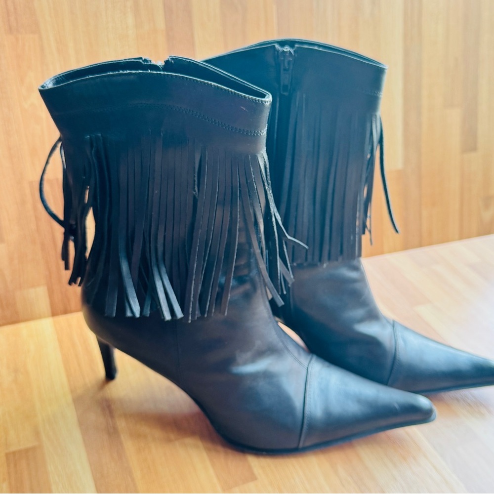 Mariano Renzi black fringe pointy toe booties stiletto size 39